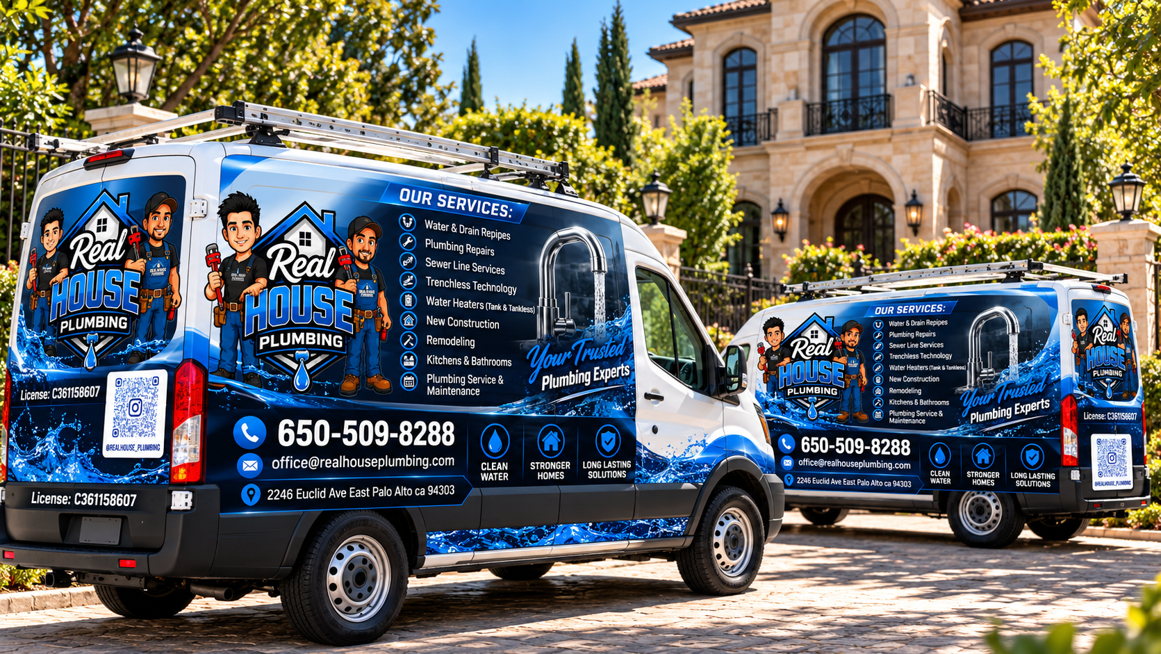 Plumbing technicians loading equipment from a service van